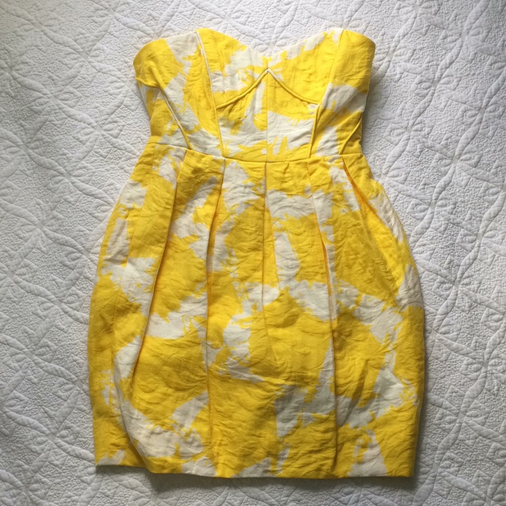 Shoshanna yellow white strapless print dress 2